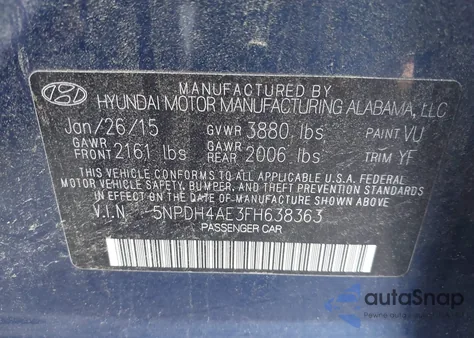 2015 Hyundai Elantra Se/Sport/Limited из США, поврежденный, VIN 5NPDH4AE3FH638363